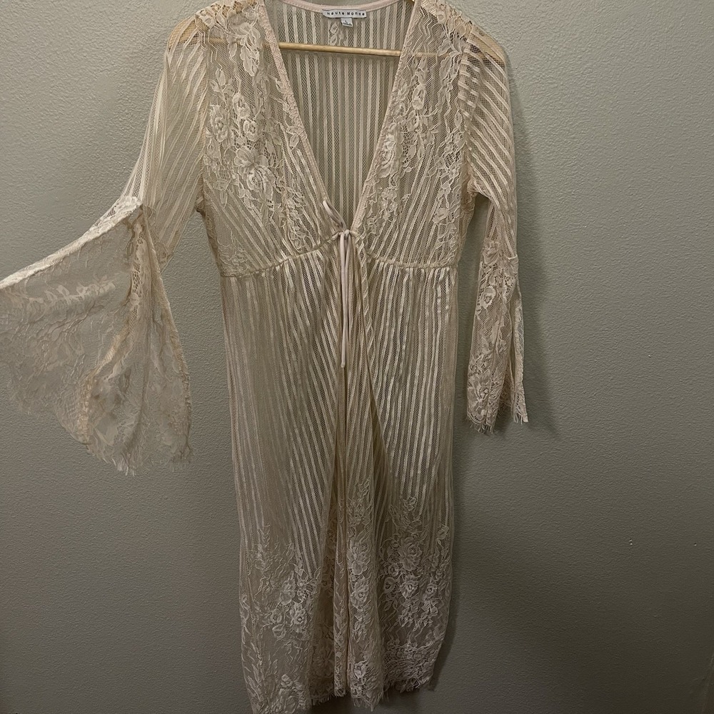 Haute Monde Lace Robe Cover Split Bell Sleeves Tie Beige Blush Coquette Up Sz L